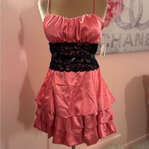 Y2K Pink Ruffled Dress with Black Lace Waist size L